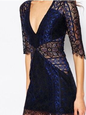 For Love & Lemons Lyla Blue Black Lace Dress Plunge V-Neck Size Large L